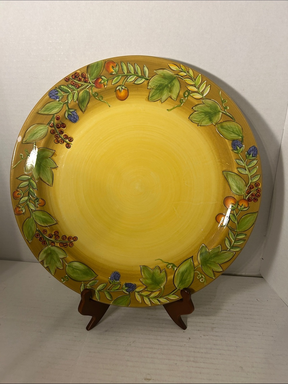 Yellow Floral Hand-Painted Ceramic Dinner Plate 14 inches